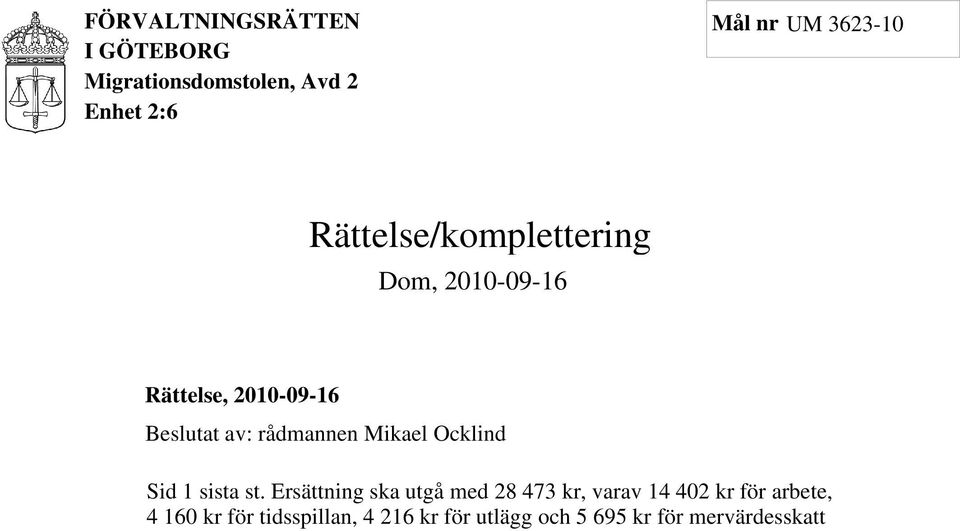 Ersättning ska utgå med 28 473 kr, varav 14 402 kr för arbete,