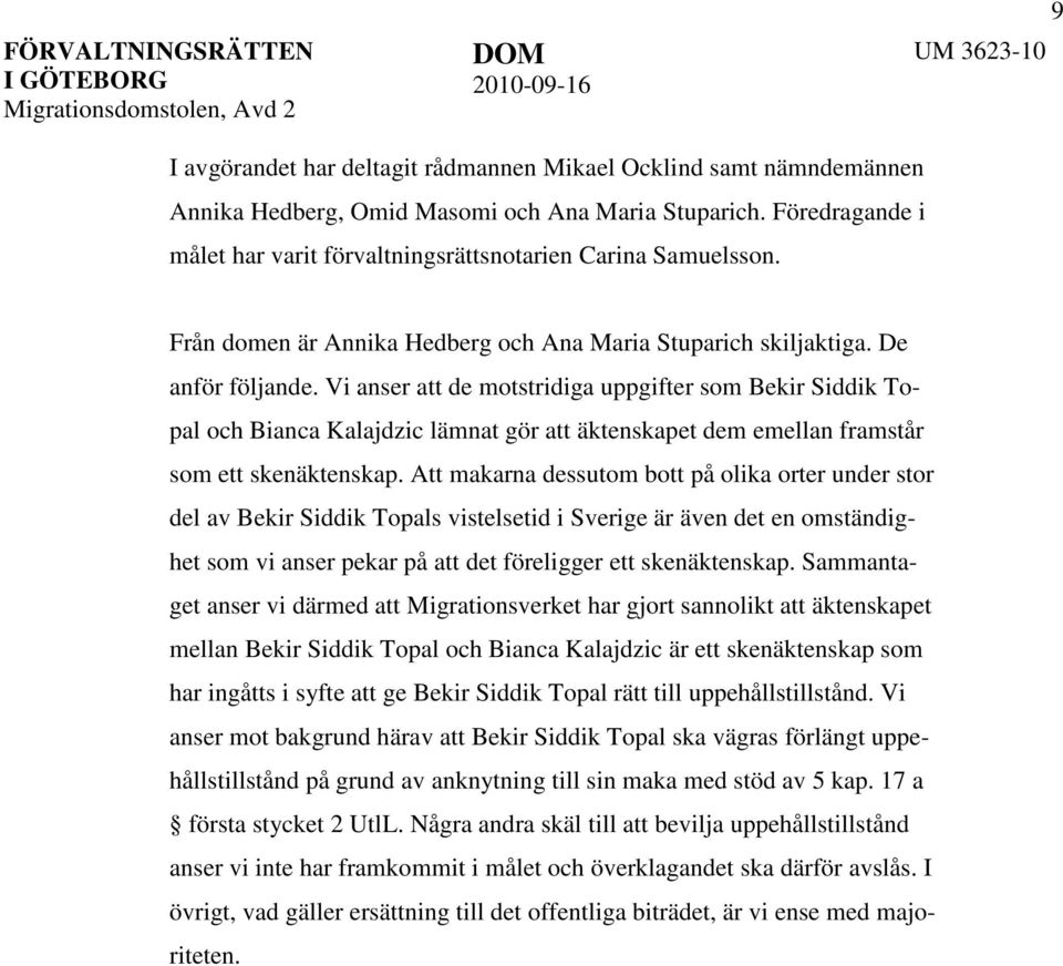 Vi anser att de motstridiga uppgifter som Bekir Siddik Topal och Bianca Kalajdzic lämnat gör att äktenskapet dem emellan framstår som ett skenäktenskap.