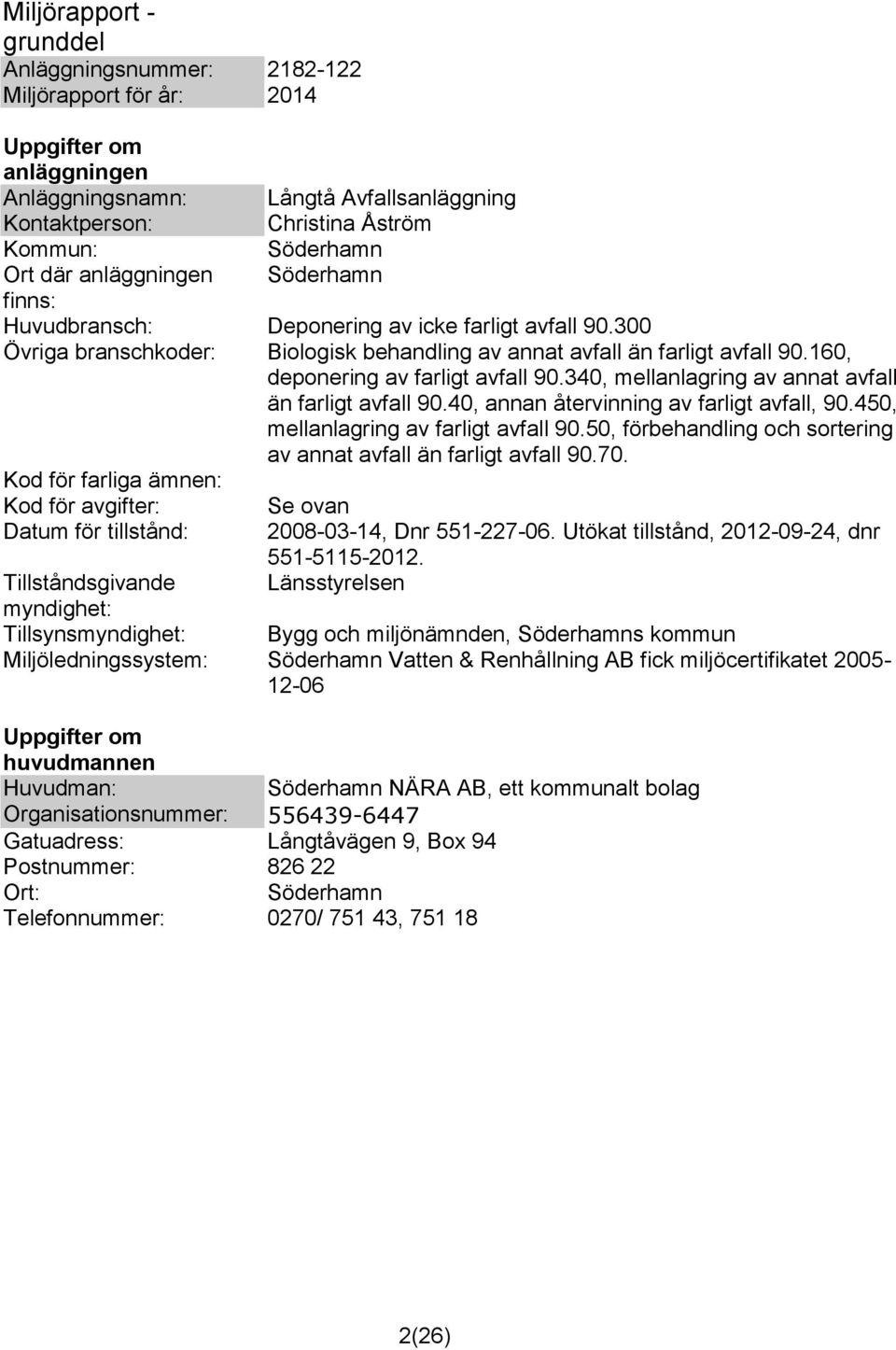 160, deponering av farligt avfall 90.340, mellanlagring av annat avfall än farligt avfall 90.40, annan återvinning av farligt avfall, 90.450, mellanlagring av farligt avfall 90.