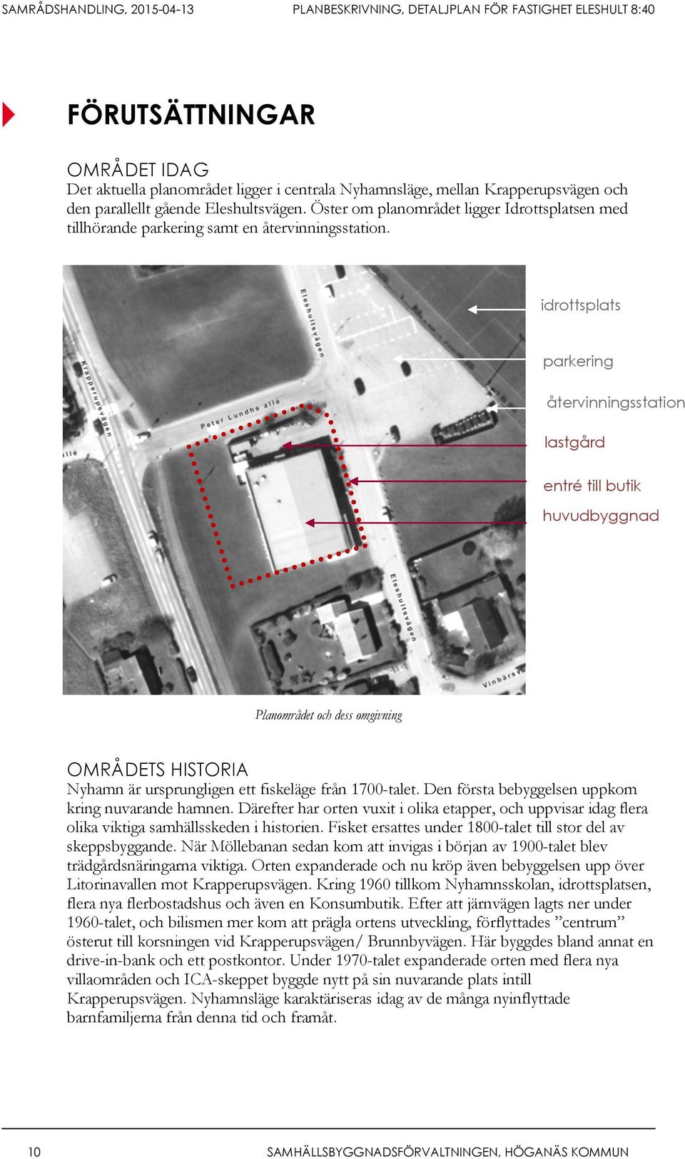 idrottsplats parkering återvinningsstation lastgård entré till butik huvudbyggnad Planområdet och dess omgivning OMRÅDETS HISTORIA Nyhamn är ursprungligen ett fiskeläge från 1700-talet.