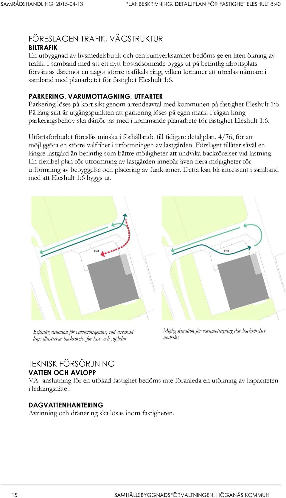 Eleshult 1:6. PARKERING, VARUMOTTAGNING, UTFARTER Parkering löses på kort sikt genom arrendeavtal med kommunen på fastighet Eleshult 1:6.