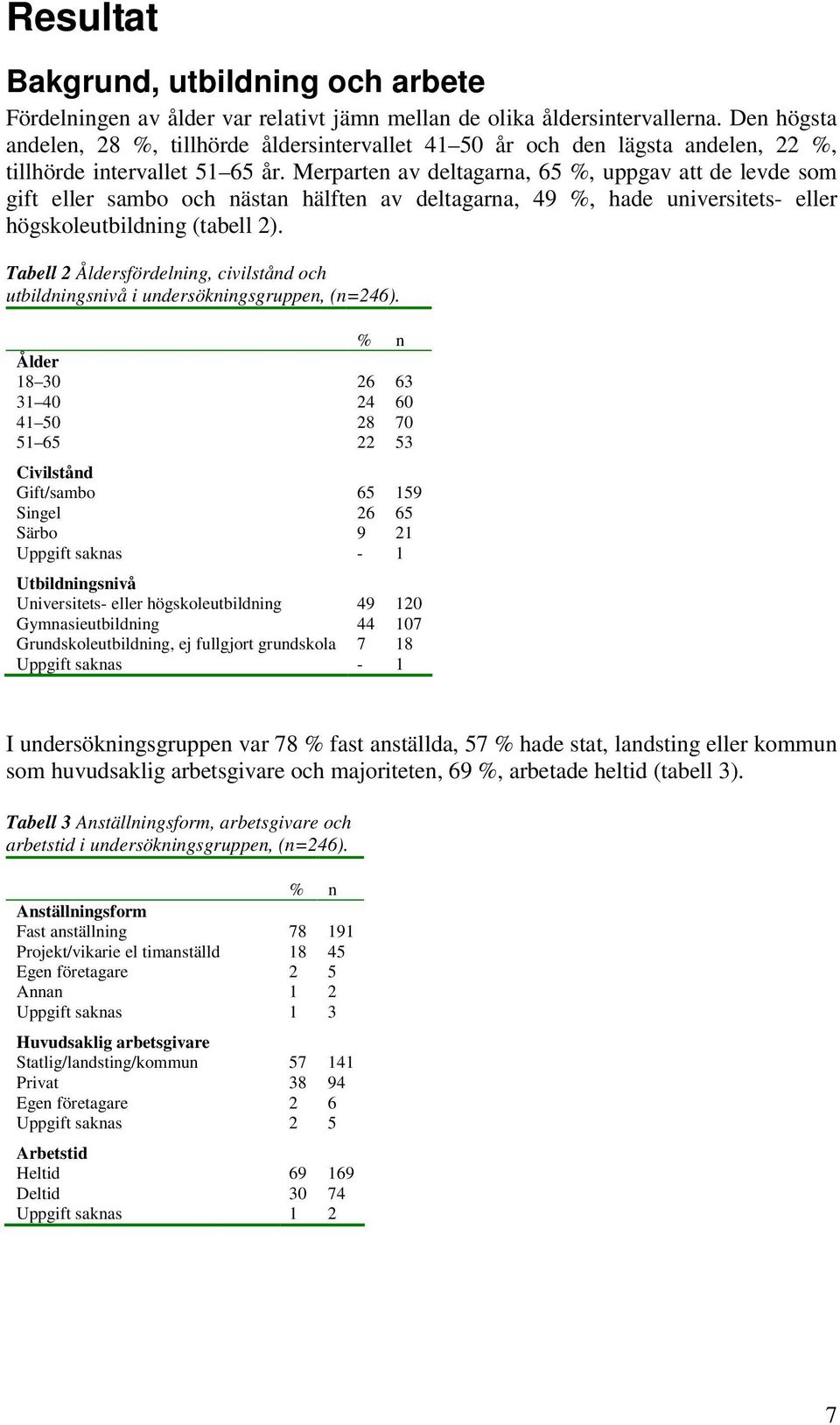 Merparten av deltagarna, 65 %, uppgav att de levde som gift eller sambo och nästan hälften av deltagarna, 49 %, hade universitets- eller högskoleutbildning (tabell 2).