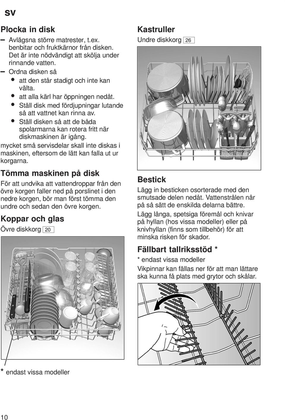 mycket små servisdelar skall inte diskas i maskinen, eftersom de lätt kan falla ut ur korgarna.