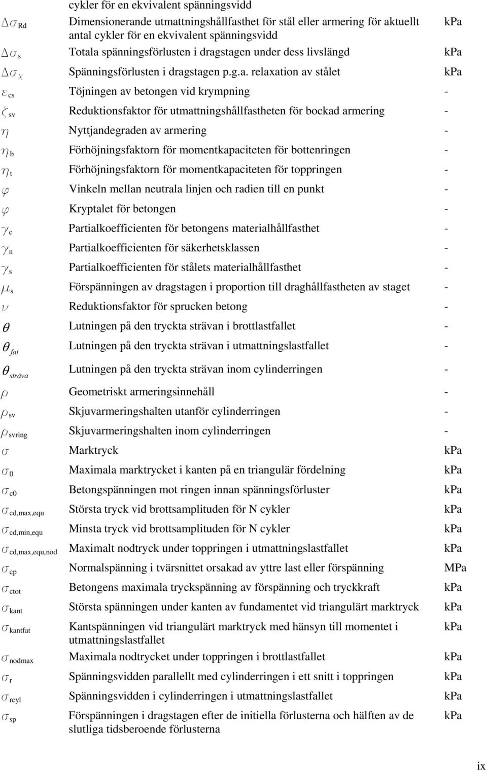 stagen under dess livslängd kpa Ds c Spänningsförlusten i dragstagen p.g.a. relaxation av stålet kpa e cs Töjningen av betongen vid krympning - z sv Reduktionsfaktor för utmattningshållfastheten för