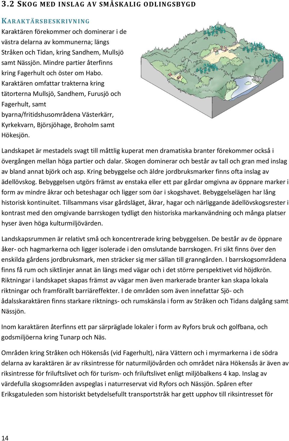 Karaktären omfattar trakterna kring tätorterna Mullsjö, Sandhem, Furusjö och Fagerhult, samt byarna/fritidshusområdena Västerkärr, Kyrkekvarn, Björsjöhage, Broholm samt Hökesjön.