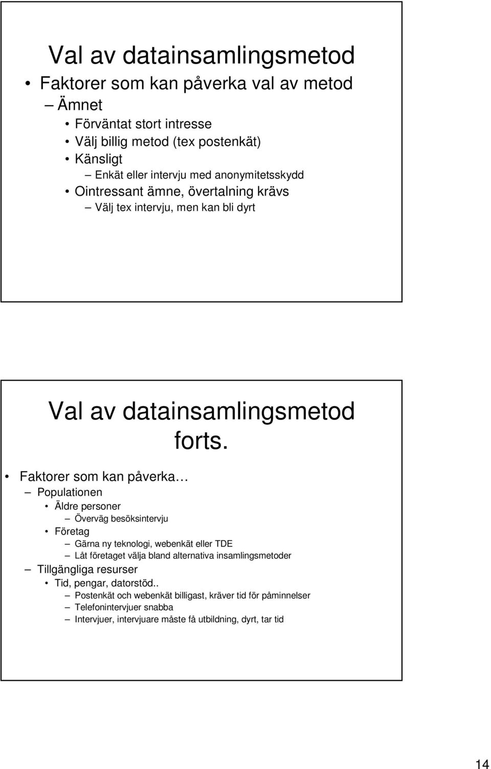 Faktorer som kan påverka Populationen Äldre personer Överväg besöksintervju Företag Gärna ny teknologi, webenkät eller TDE Låt företaget välja bland alternativa