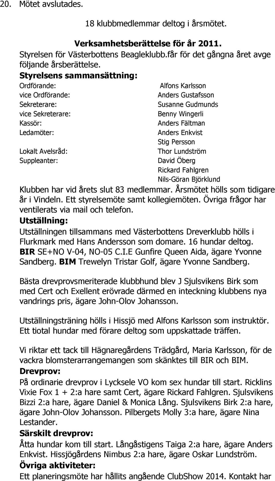 Wingerli Anders Fältman Anders Enkvist Stig Persson Thor Lundström David Öberg Rickard Fahlgren Nils-Göran Björklund Klubben har vid årets slut 83 medlemmar. Årsmötet hölls som tidigare år i Vindeln.