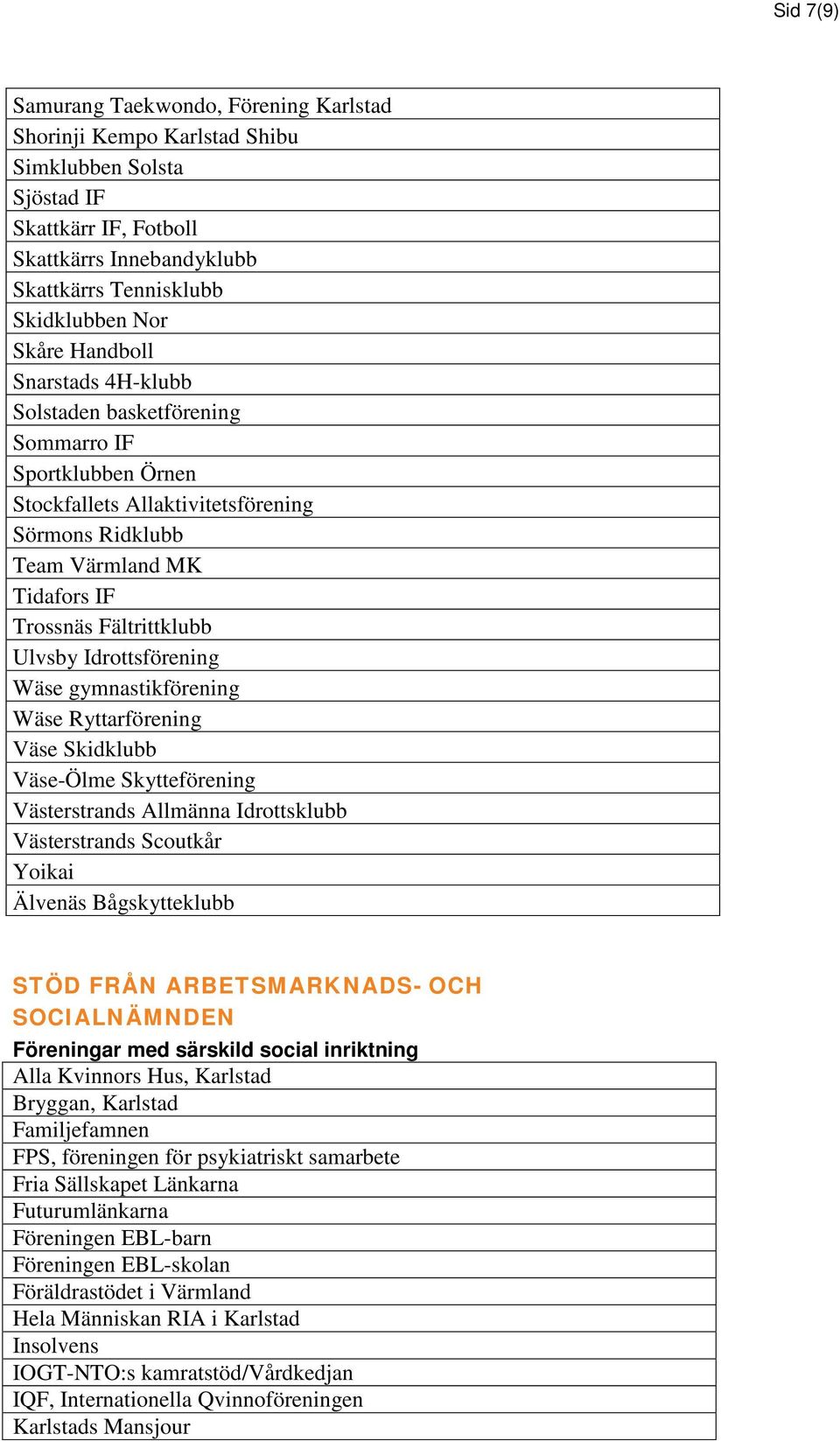 Idrottsförening Wäse gymnastikförening Wäse Ryttarförening Väse Skidklubb Väse-Ölme Skytteförening Västerstrands Allmänna Idrottsklubb Västerstrands Scoutkår Yoikai Älvenäs Bågskytteklubb STÖD FRÅN