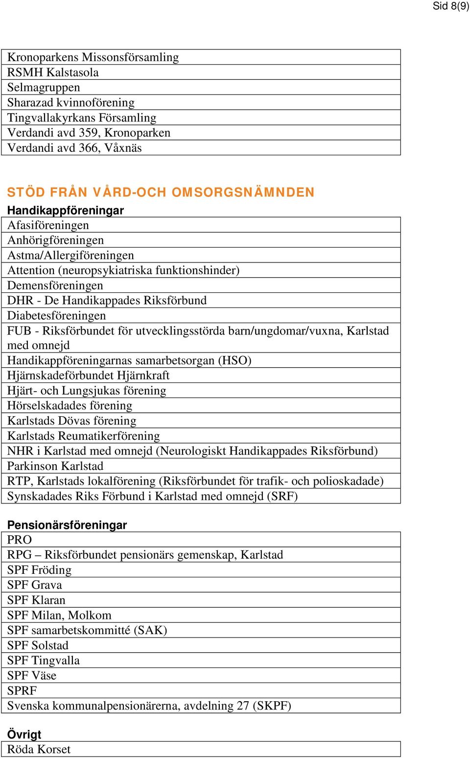 Diabetesföreningen FUB - Riksförbundet för utvecklingsstörda barn/ungdomar/vuxna, Karlstad med omnejd Handikappföreningarnas samarbetsorgan (HSO) Hjärnskadeförbundet Hjärnkraft Hjärt- och Lungsjukas