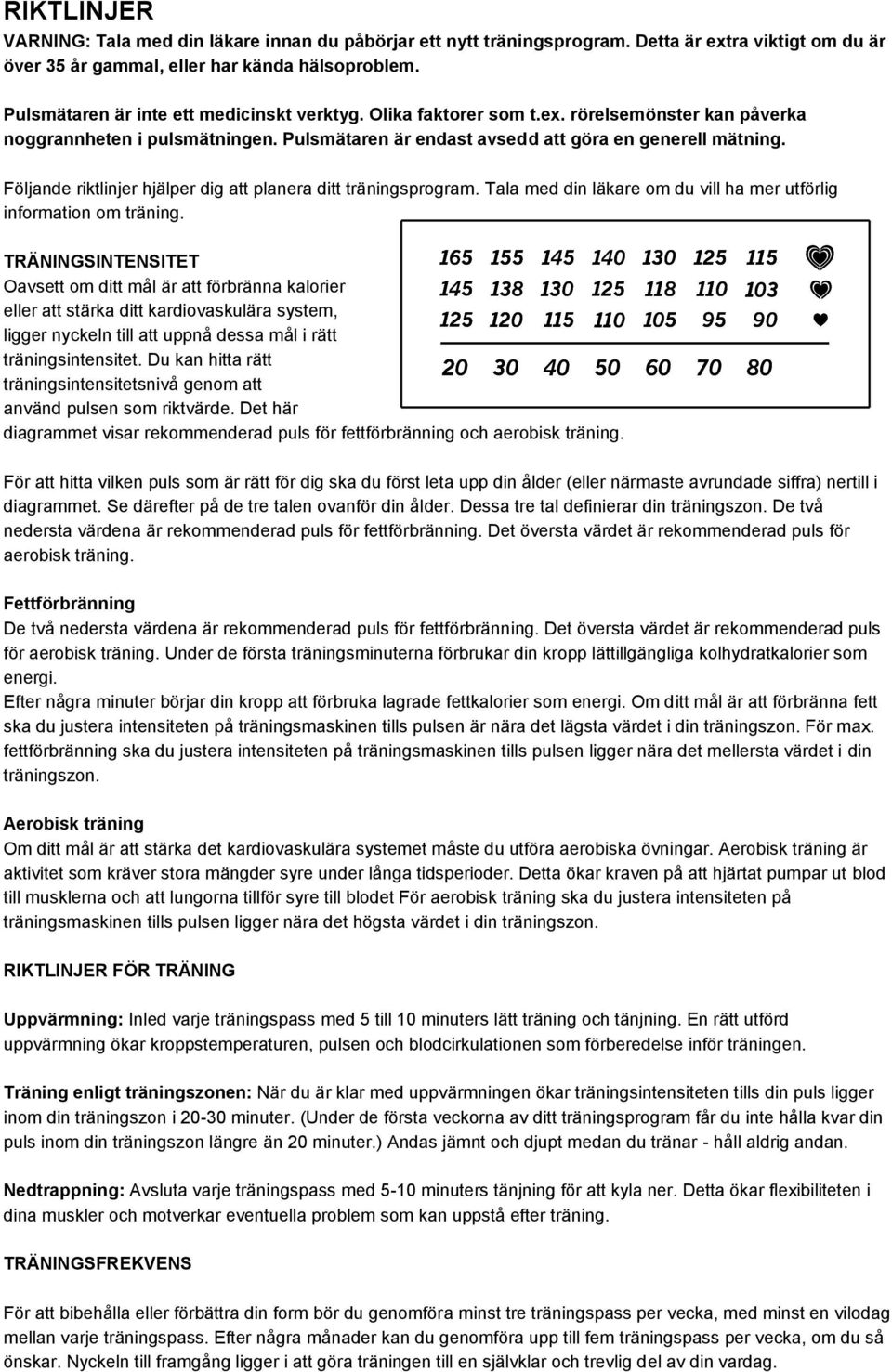 Följande riktlinjer hjälper dig att planera ditt träningsprogram. Tala med din läkare om du vill ha mer utförlig information om träning.