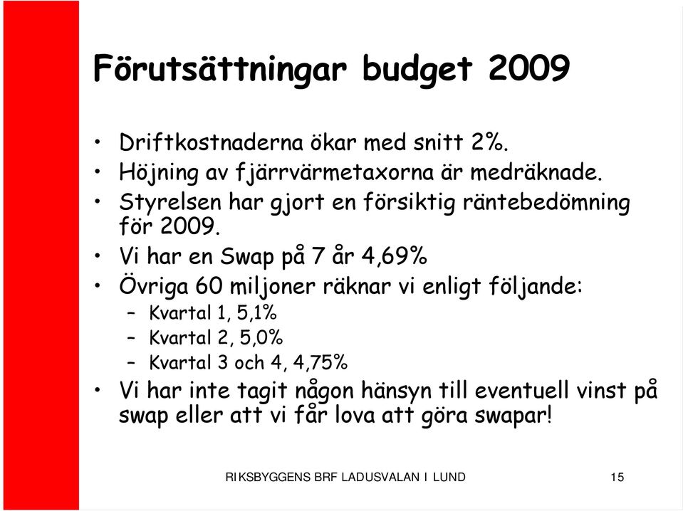 Vi har en Swap på 7 år 4,69% Övriga 60 miljoner räknar vi enligt följande: Kvartal 1, 5,1% Kvartal 2, 5,0%