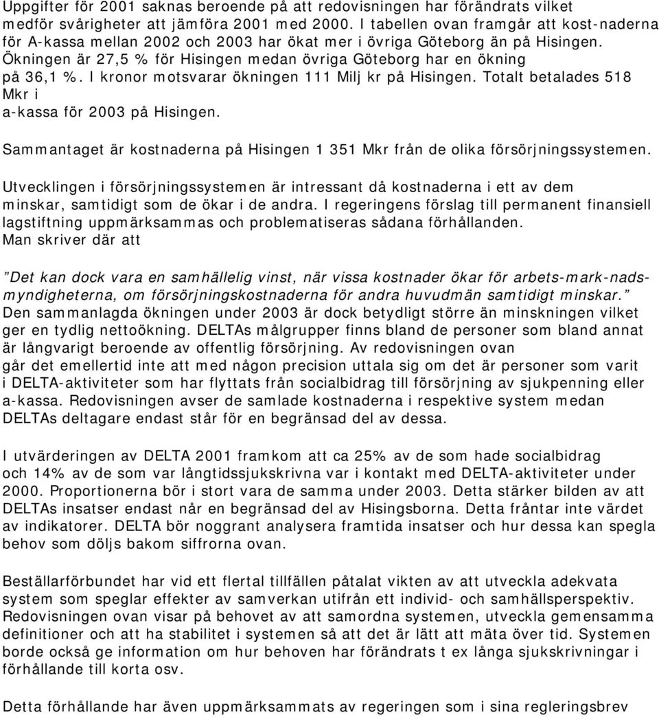 I kronor motsvarar ökningen 111 Milj kr på Hisingen. Totalt betalades 518 Mkr i a-kassa för 2003 på Hisingen. Sammantaget är kostnaderna på Hisingen 1 351 Mkr från de olika försörjningssystemen.