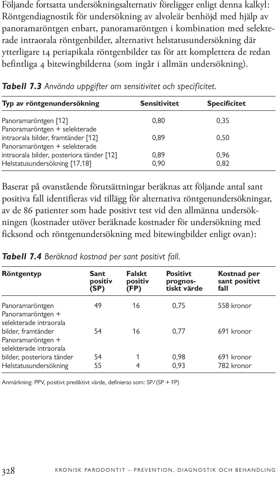 allmän undersökning). Tabell 7.3 Använda uppgifter om sensitivitet och specificitet.