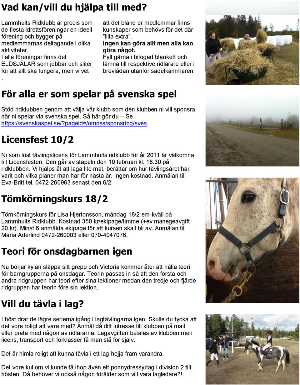 Ingen kan göra allt men alla kan göra något. Fyll gärna i bifogad blankett och lämna till respektive ridlärare eller i brevlådan utanför sadelkammaren.