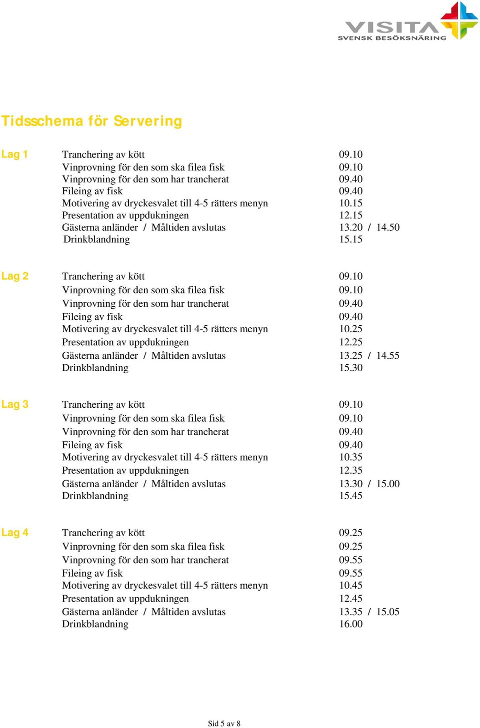 10 Vinprovning för den som ska filea fisk 09.10 Vinprovning för den som har trancherat 09.40 Fileing av fisk 09.40 Motivering av dryckesvalet till 4-5 rätters menyn 10.