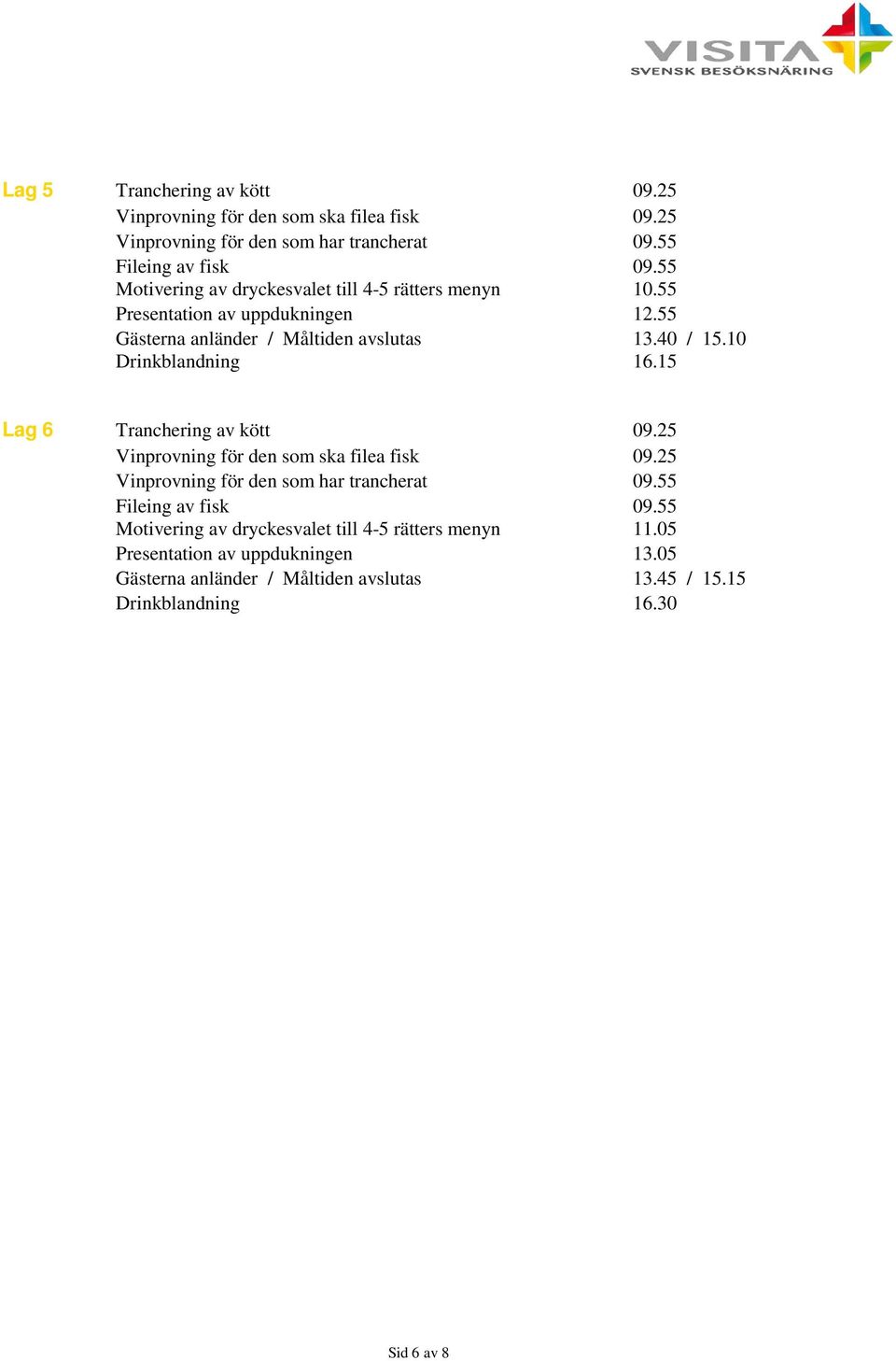 10 Drinkblandning 16.15 Lag 6 Tranchering av kött 09.25 Vinprovning för den som ska filea fisk 09.25 Vinprovning för den som har trancherat 09.