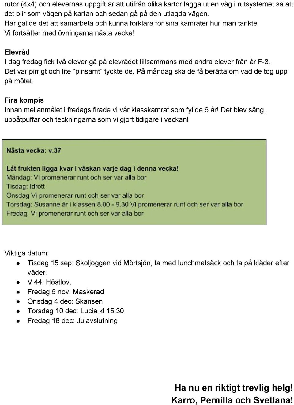 Elevråd I dag fredag fick två elever gå på elevrådet tillsammans med andra elever från år F 3. Det var pirrigt och lite pinsamt tyckte de. På måndag ska de få berätta om vad de tog upp på mötet.