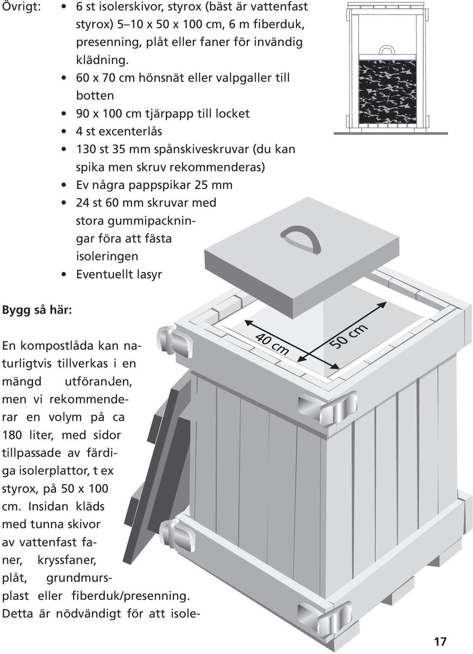 st 60 mm skruvar med stora gummipackningar föra att fästa isoleringen Eventuellt lasyr Bygg så här: En kompostlåda kan naturligtvis tillverkas i en mängd utföranden, men vi rekommenderar en volym