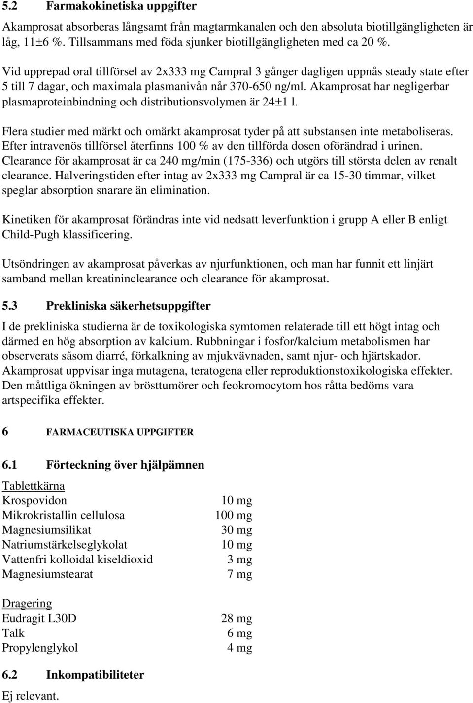 Akamprosat har negligerbar plasmaproteinbindning och distributionsvolymen är 24 1 l. Flera studier med märkt och omärkt akamprosat tyder på att substansen inte metaboliseras.