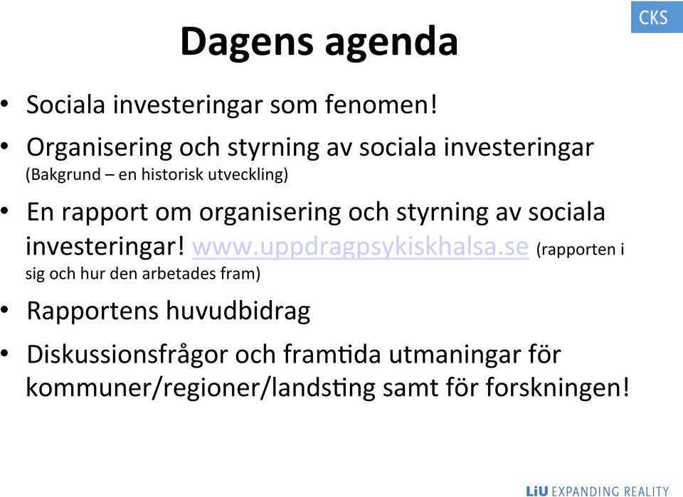om organisering och styrning av sociala investeringar! www.uppdragpsykiskhalsa.