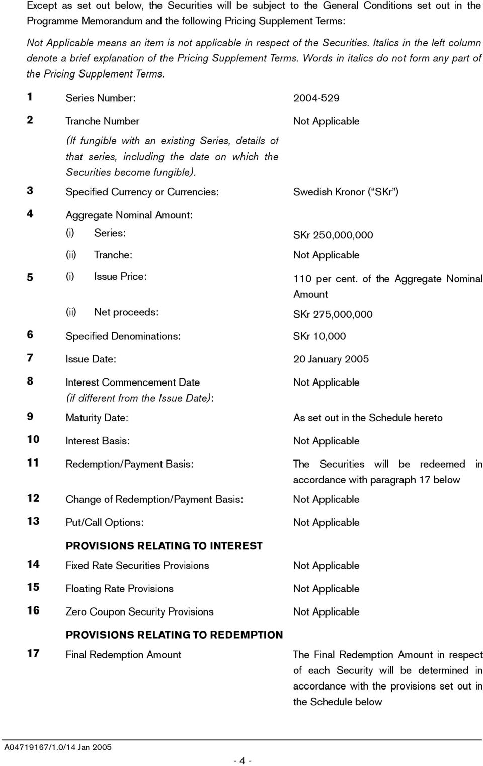 1 Series Number: 2004-529 2 Tranche Number Not Applicable (If fungible with an existing Series, details of that series, including the date on which the Securities become fungible).