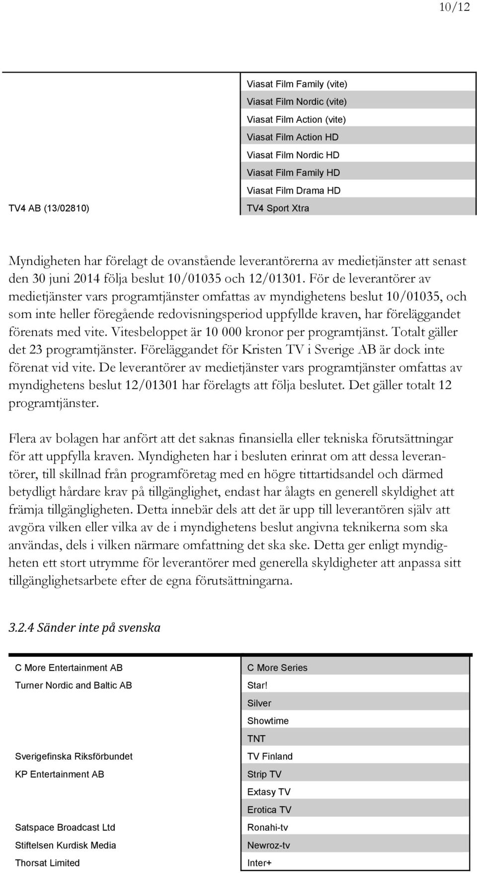 För de leverantörer av medietjänster vars programtjänster omfattas av myndighetens beslut 10/01035, och som inte heller föregående redovisningsperiod uppfyllde kraven, har föreläggandet förenats med