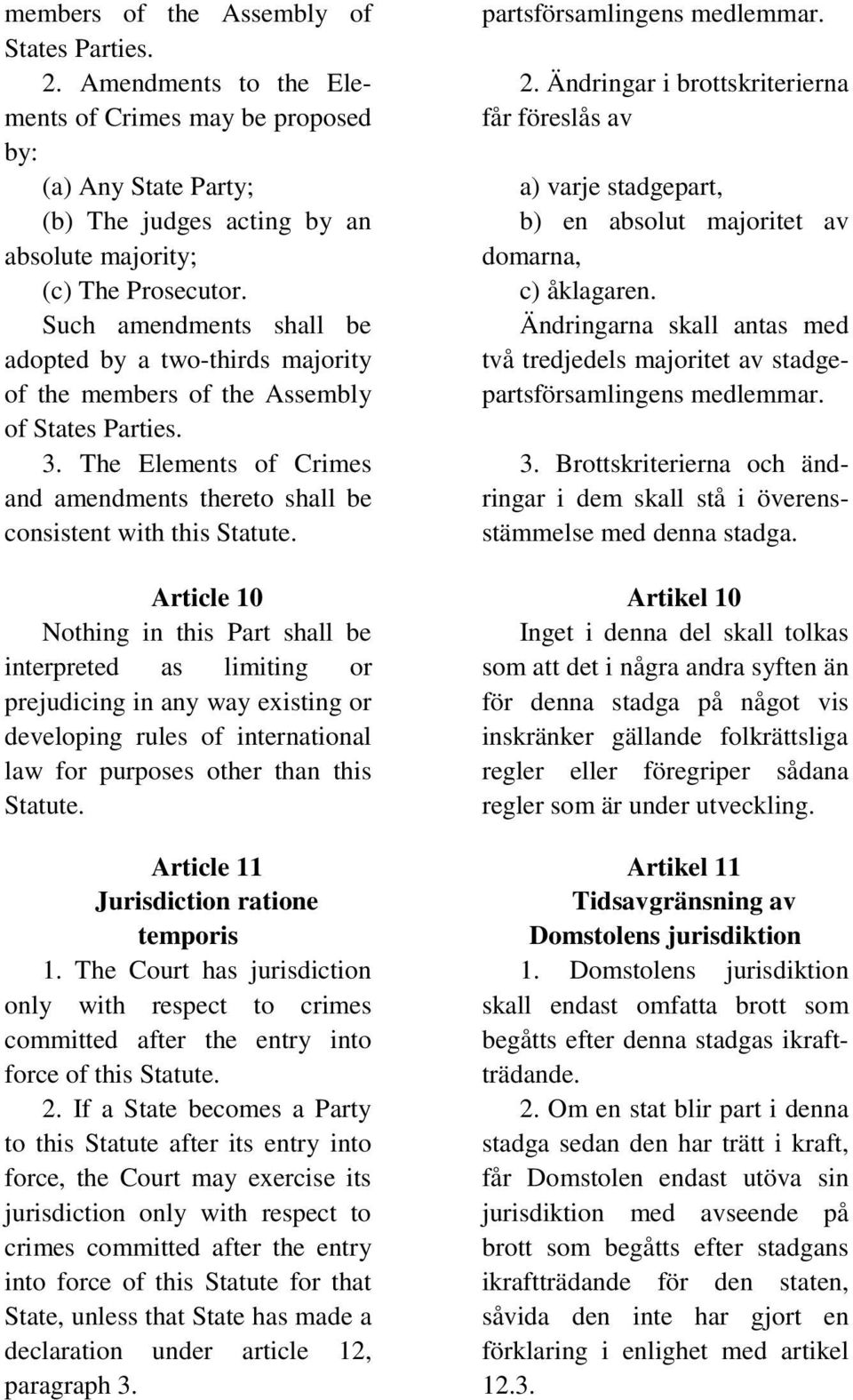partsförsamlingens medlemmar. 2. Ändringar i brottskriterierna får föreslås av a) varje stadgepart, b) en absolut majoritet av domarna, c) åklagaren.