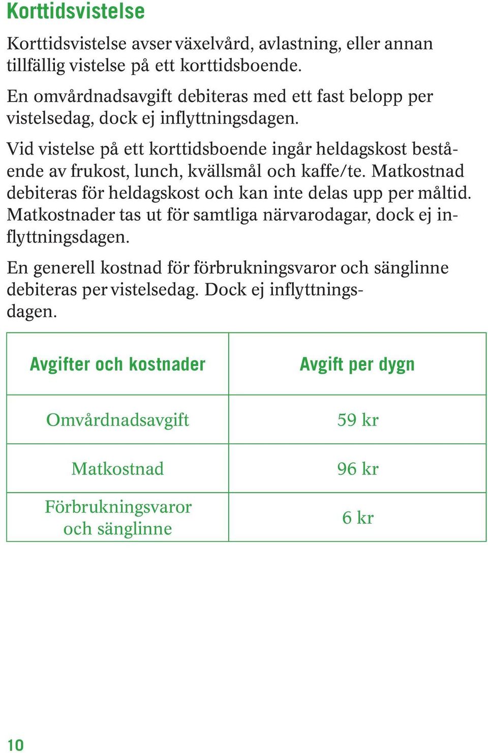 Vid vistelse på ett korttidsboende ingår heldagskost bestående av frukost, lunch, kvällsmål och kaffe/te.