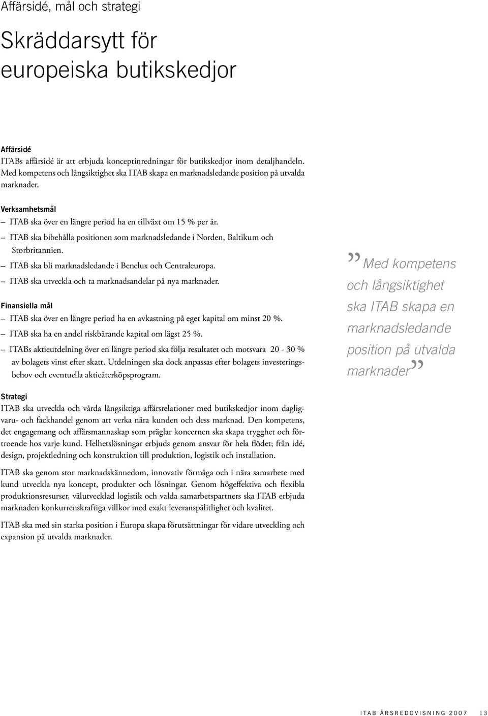 ITAB ska bibehålla positionen som marknadsledande i Norden, Baltikum och Storbritannien. ITAB ska bli marknadsledande i Benelux och Centraleuropa.