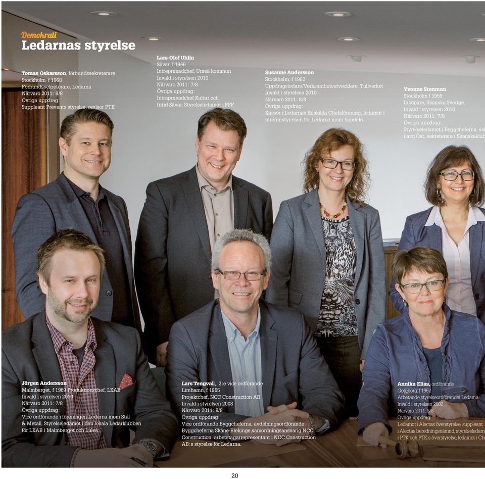 Susanne Andersson Stockholm, f 1962 Uppdragsledare/Verksamhetsutvecklare, Tullverket Invald i styrelsen 2010 Närvaro 2011: 8/8 Kassör i Ledarnas Enskilda Chefsförening, ledamot i interimstyrelsen för