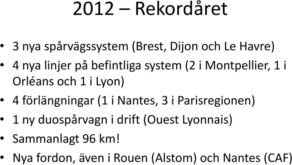 förlängningar (1 i Nantes, 3 i Parisregionen) 1 ny duospårvagn i drift