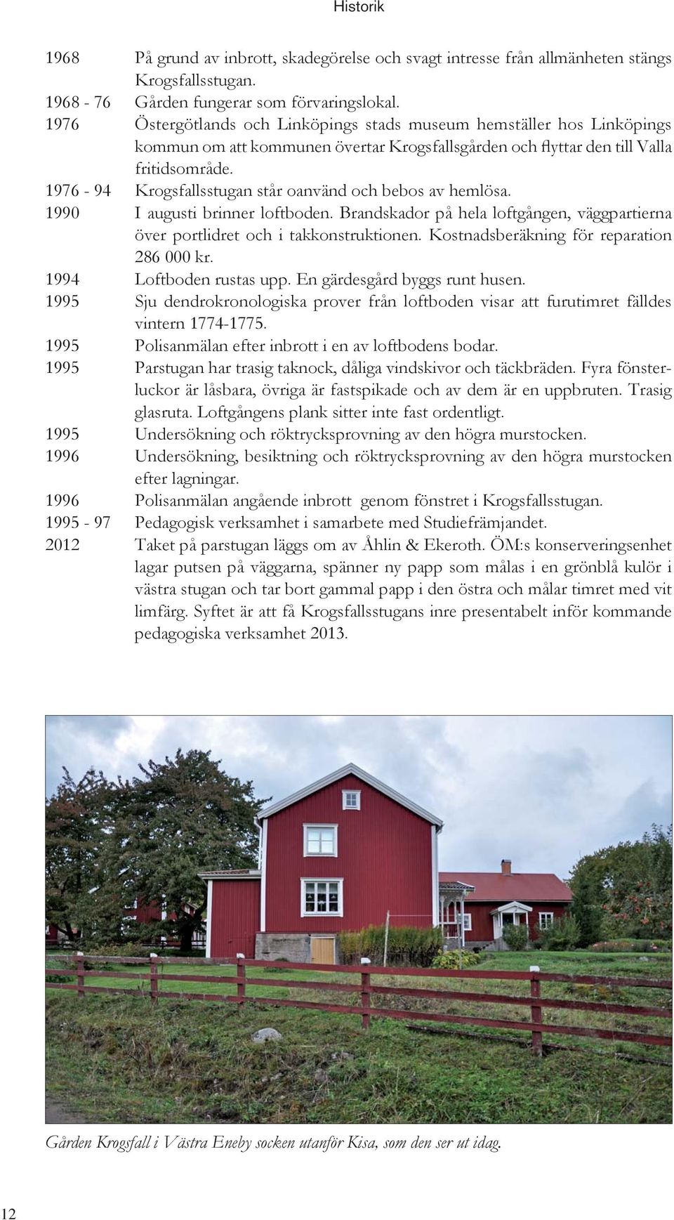 1976-94 Krogsfallsstugan står oanvänd och bebos av hemlösa. 1990 I augusti brinner loftboden. Brandskador på hela loftgången, väggpartierna över portlidret och i takkonstruktionen.