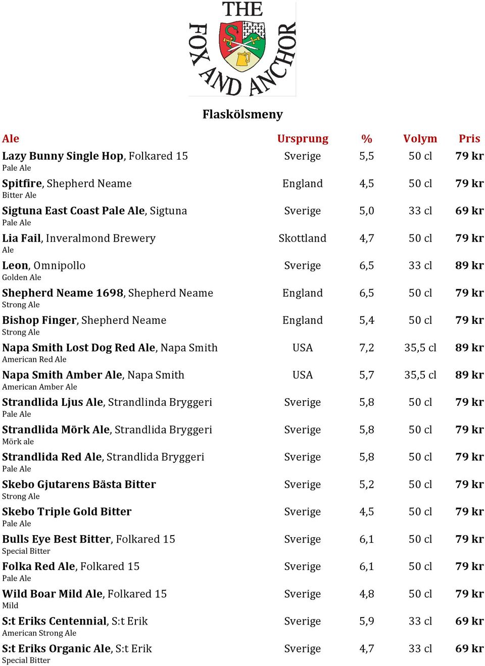 Shepherd Neame England 5,4 50 cl 79 kr Strong Ale Napa Smith Lost Dog Red Ale, Napa Smith USA 7,2 35,5 cl 89 kr American Red Ale Napa Smith Amber Ale, Napa Smith USA 5,7 35,5 cl 89 kr American Amber