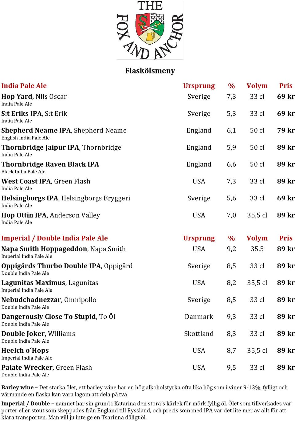 Sverige 5,6 33 cl 69 kr Hop Ottin IPA, Anderson Valley USA 7,0 35,5 cl 89 kr Imperial / Double Ursprung % Volym Pris Napa Smith Hoppageddon, Napa Smith USA 9,2 35,5 89 kr Imperial Oppigårds Thurbo