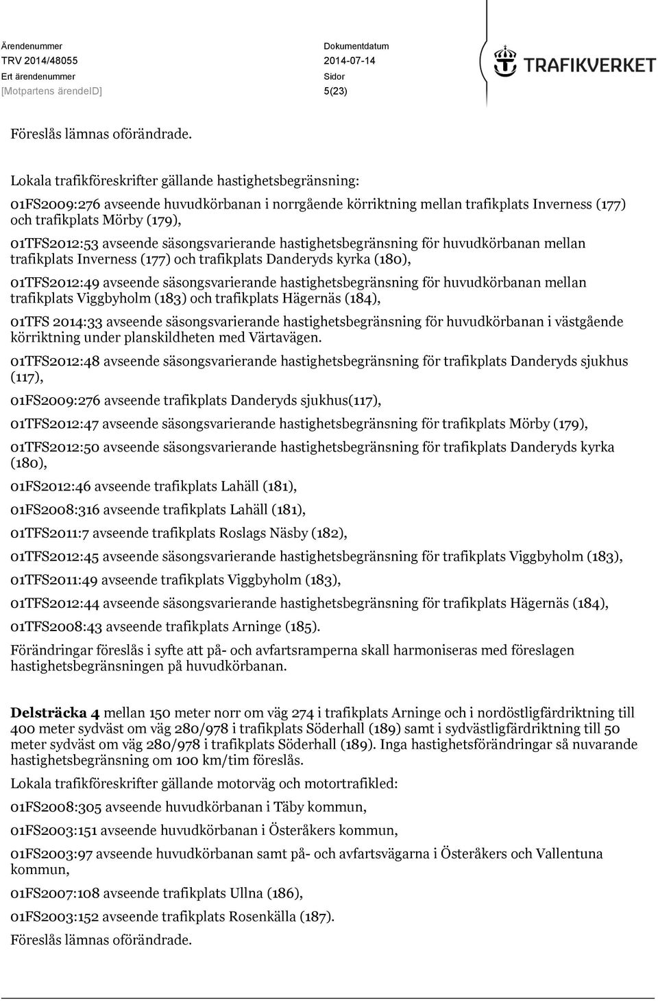 säsongsvarierande hastighetsbegränsning för huvudkörbanan mellan trafikplats Viggbyholm (183) och trafikplats Hägernäs (184), 01TFS 2014:33 avseende säsongsvarierande hastighetsbegränsning för