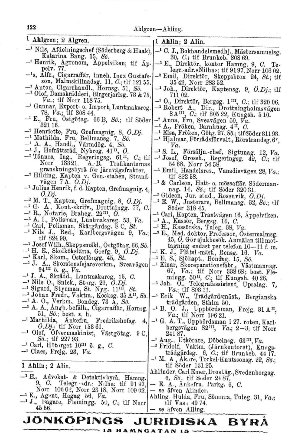 _2 Emil, Direktör, Skeppsbron 24, Si.; tlf son, Malmskillnadsg. 11, C.; tjf 12155. 3542, Norr 28352.. _1 Anton, Cigarrhandl., Hornsg. 51, Bä. _1 Joh., Direktör, Kaptensg. 9, O.Dj.