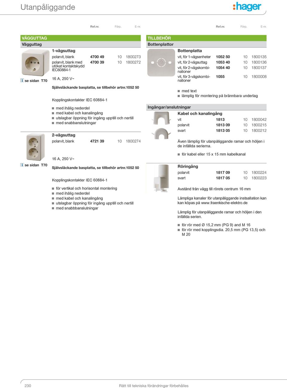 Kopplingskontakter IEC 60884-1 för vertikal och horisontal montering med snabbbanslutningar TILLBEHÖR Bottenplattor Bottenplatta vit, för 1-vägsenheter 1052 50 10 1800135 vit, för 2-vägsuttag 1053 40