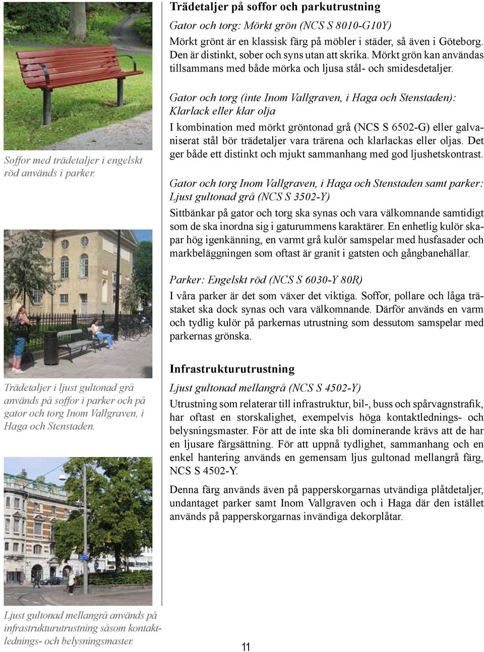 Gator och torg (inte Inom Vallgraven, i Haga och Stenstaden): Klarlack eller klar olja I kombination med mörkt gröntonad grå (NCS S 6502-G) eller galvaniserat stål bör trädetaljer vara trärena och