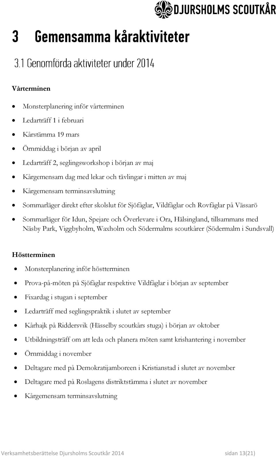 Hälsingland, tillsammans med Näsby Park, Viggbyholm, Waxholm och Södermalms scoutkårer (Södermalm i Sundsvall) Höstterminen Monsterplanering inför höstterminen Prova-på-möten på Sjöfåglar respektive