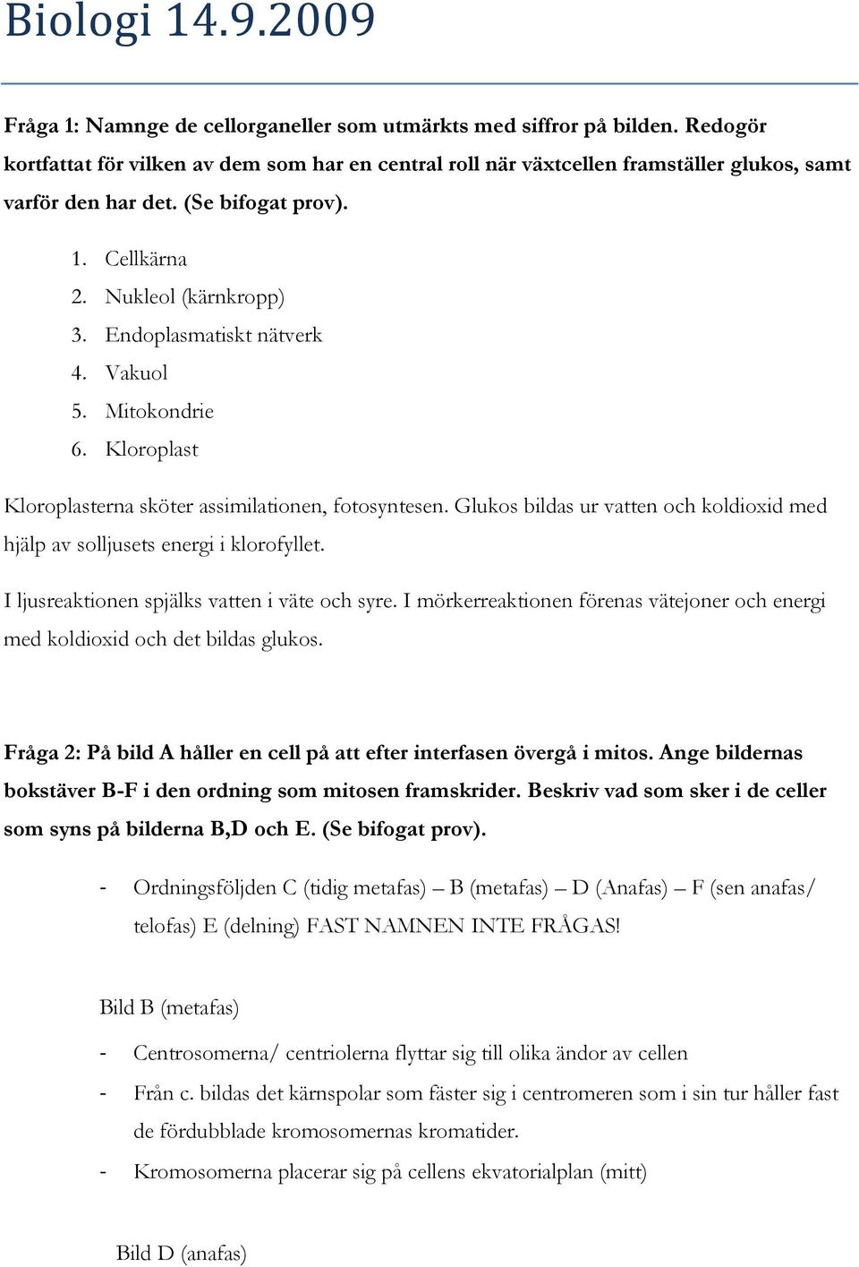 Endoplasmatiskt nätverk 4. Vakuol 5. Mitokondrie 6. Kloroplast Kloroplasterna sköter assimilationen, fotosyntesen. Glukos bildas ur vatten och koldioxid med hjälp av solljusets energi i klorofyllet.