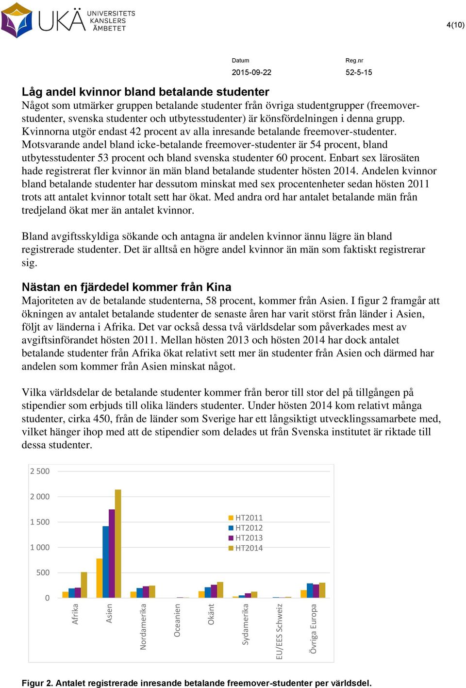 Motsvarande andel bland icke-betalande freemover-studenter är 54 procent, bland utbytesstudenter 53 procent och bland svenska studenter 60 procent.