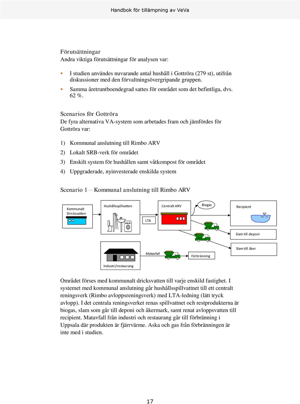 Scenarios för Gottröra De fyra alternativa VA-system som arbetades fram och jämfördes för Gottröra var: 1) Kommunal anslutning till Rimbo ARV 2) Lokalt SRB-verk för området 3) Enskilt system för