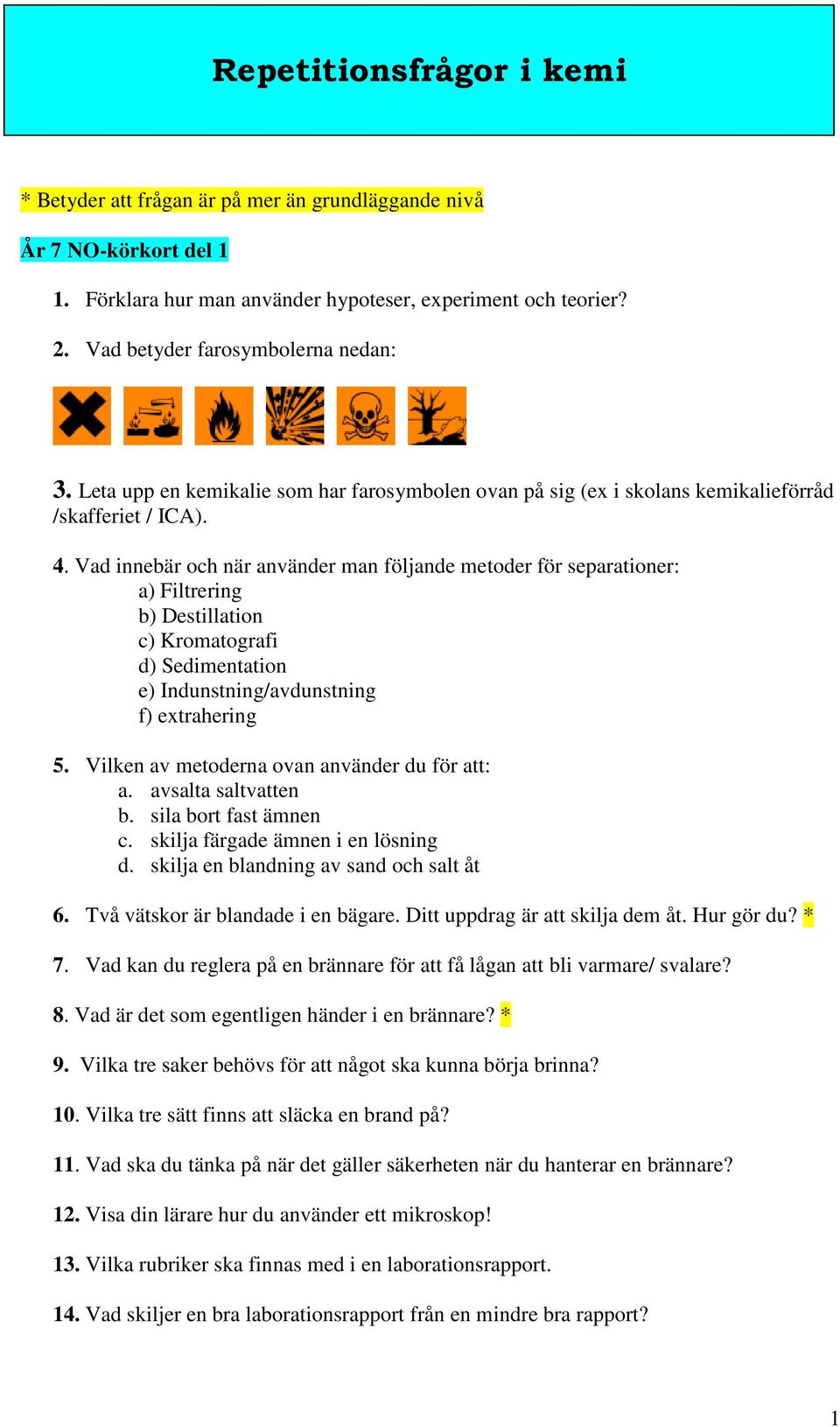 Vad innebär och när använder man följande metoder för separationer: a) Filtrering b) Destillation c) Kromatografi d) Sedimentation e) Indunstning/avdunstning f) extrahering 5.