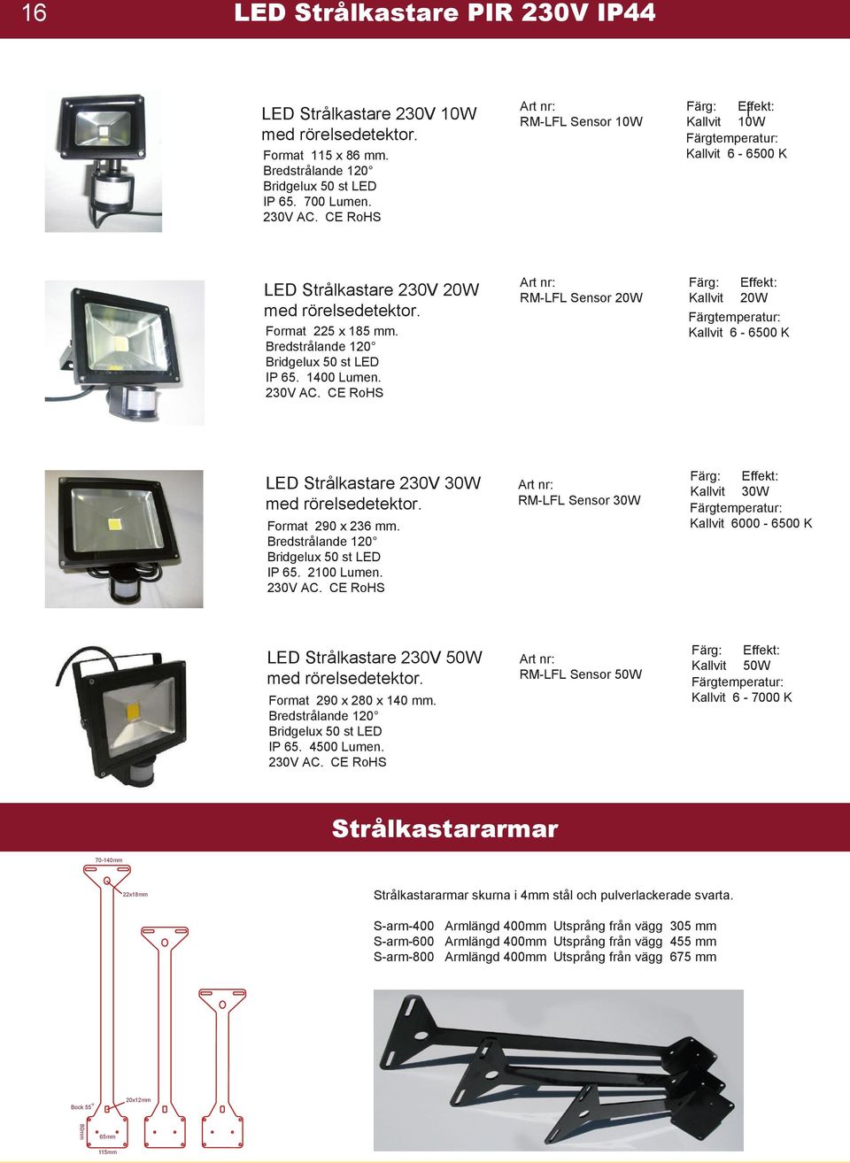 CE RoHS RM-LFL Sensor 20W Färg: Kallvit Effekt: 20W Kallvit 6-6500 K LED Strålkastare 230V 30W med rörelsedetektor. Format 290 x 236 mm. Bredstrålande 120 IP 65. 2100 Lumen. 230V AC.