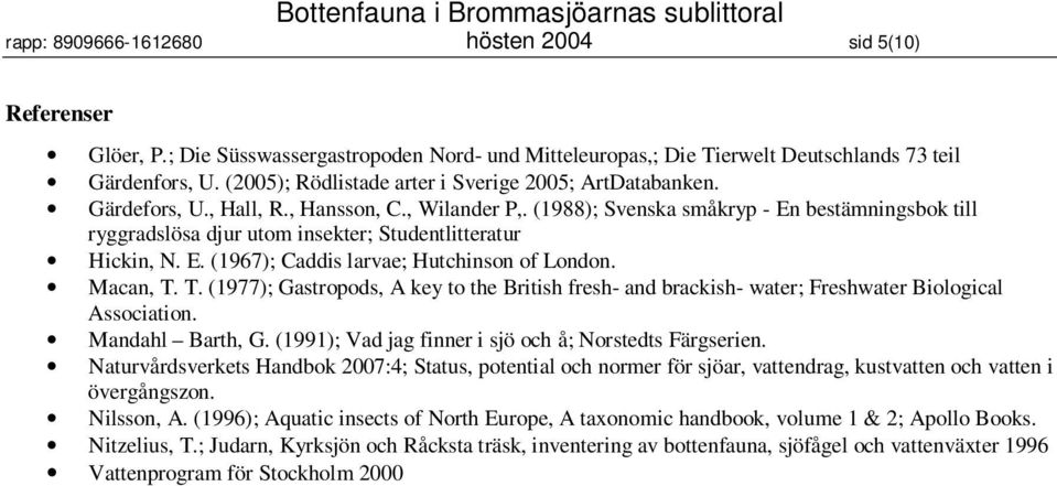 (1988); Svenska småkryp - En bestämningsbok till ryggradslösa djur utom insekter; Studentlitteratur Hickin, N. E. (1967); Caddis larvae; Hutchinson of London. Macan, T.