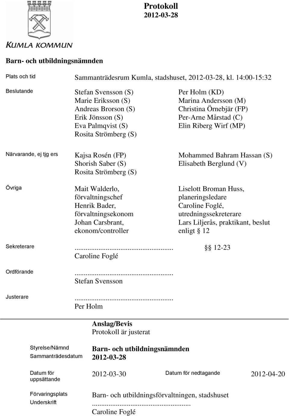 Per-Arne Mårstad (C) Elin Riberg Wirf (MP) Närvarande, ej tjg ers Kajsa Rosén (FP) Mohammed Bahram Hassan (S) Shorish Saber (S) Elisabeth Berglund (V) Rosita Strömberg (S) Övriga Mait Walderlo,