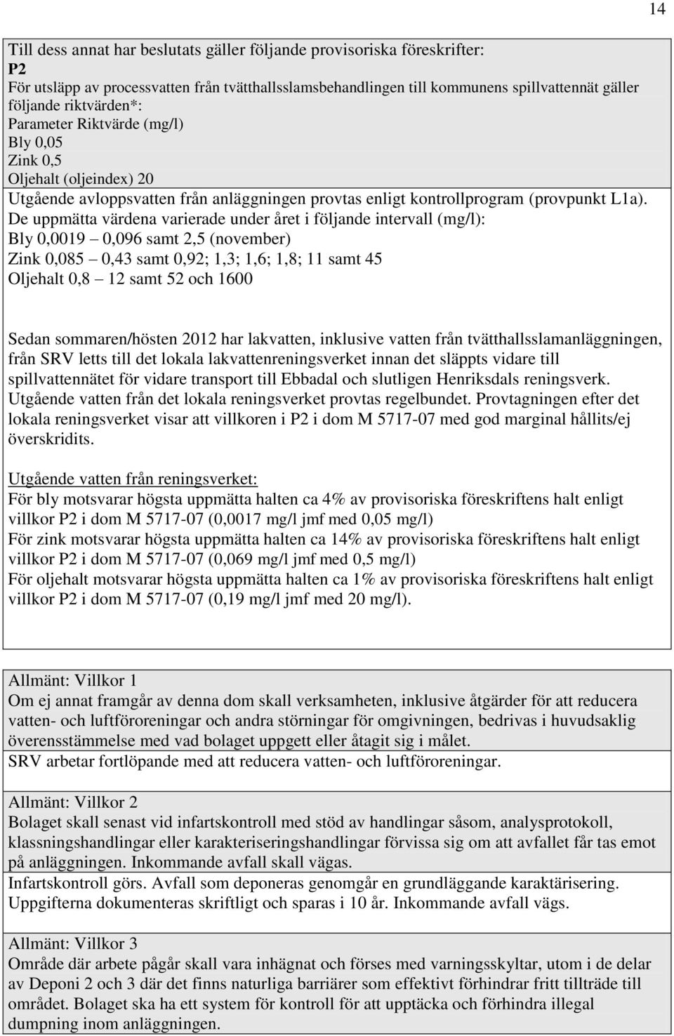 De uppmätta värdena varierade under året i följande intervall (mg/l): Bly 0,0019 0,096 samt 2,5 (november) Zink 0,085 0,43 samt 0,92; 1,3; 1,6; 1,8; 11 samt 45 Oljehalt 0,8 12 samt 52 och 1600 14