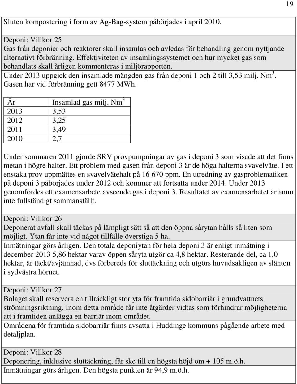 Effektiviteten av insamlingssystemet och hur mycket gas som behandlats skall årligen kommenteras i miljörapporten. Under 2013 uppgick den insamlade mängden gas från deponi 1 och 2 till 3,53 milj.