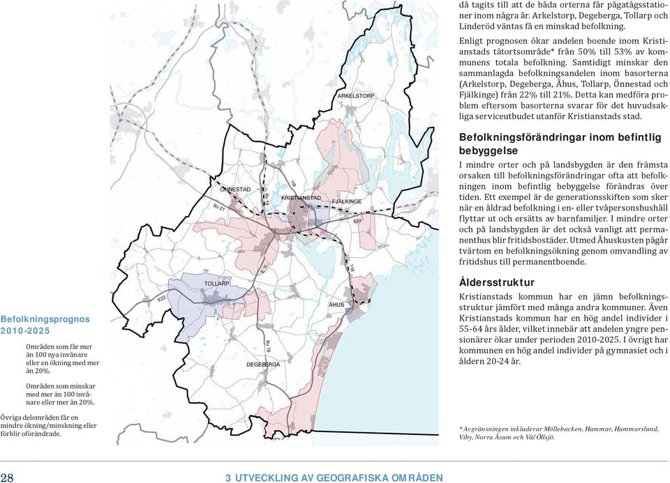 Samtidigt minskar den sammanlagda befolkningsandelen inom basorterna (Arkelstorp, Degeberga, Åhus, Tollarp, Önnestad och Fjälkinge) från 22% till 21%.