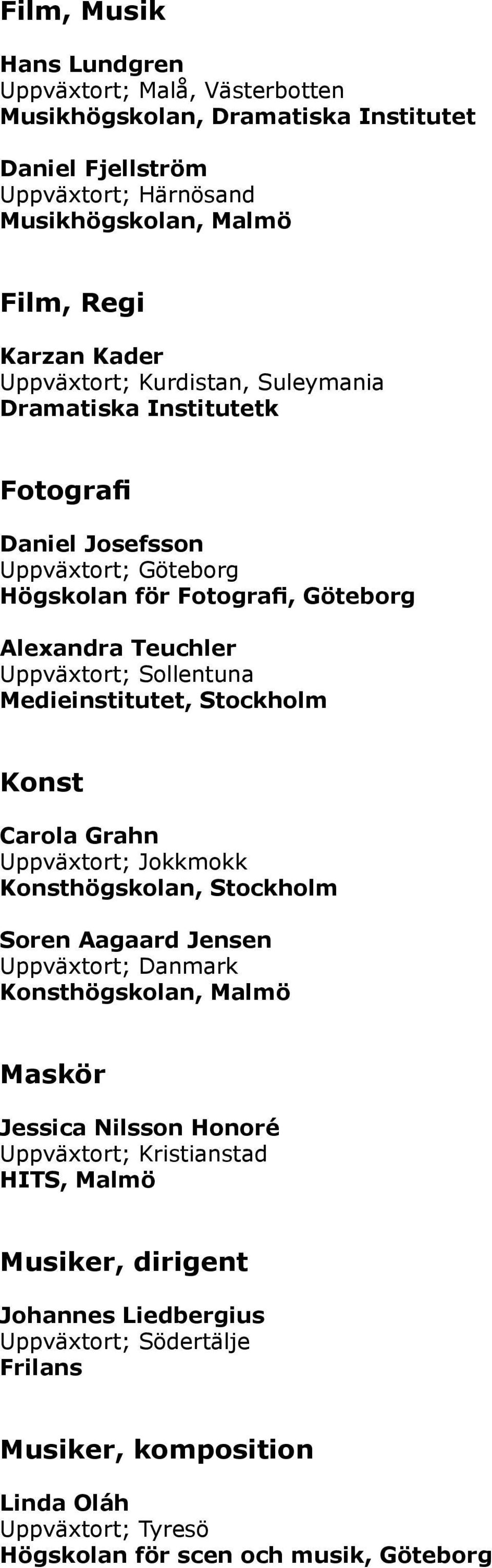 Stockholm Konst Carola Grahn Uppväxtort; Jokkmokk Konsthögskolan, Stockholm Soren Aagaard Jensen Uppväxtort; Danmark Konsthögskolan, Malmö Maskör